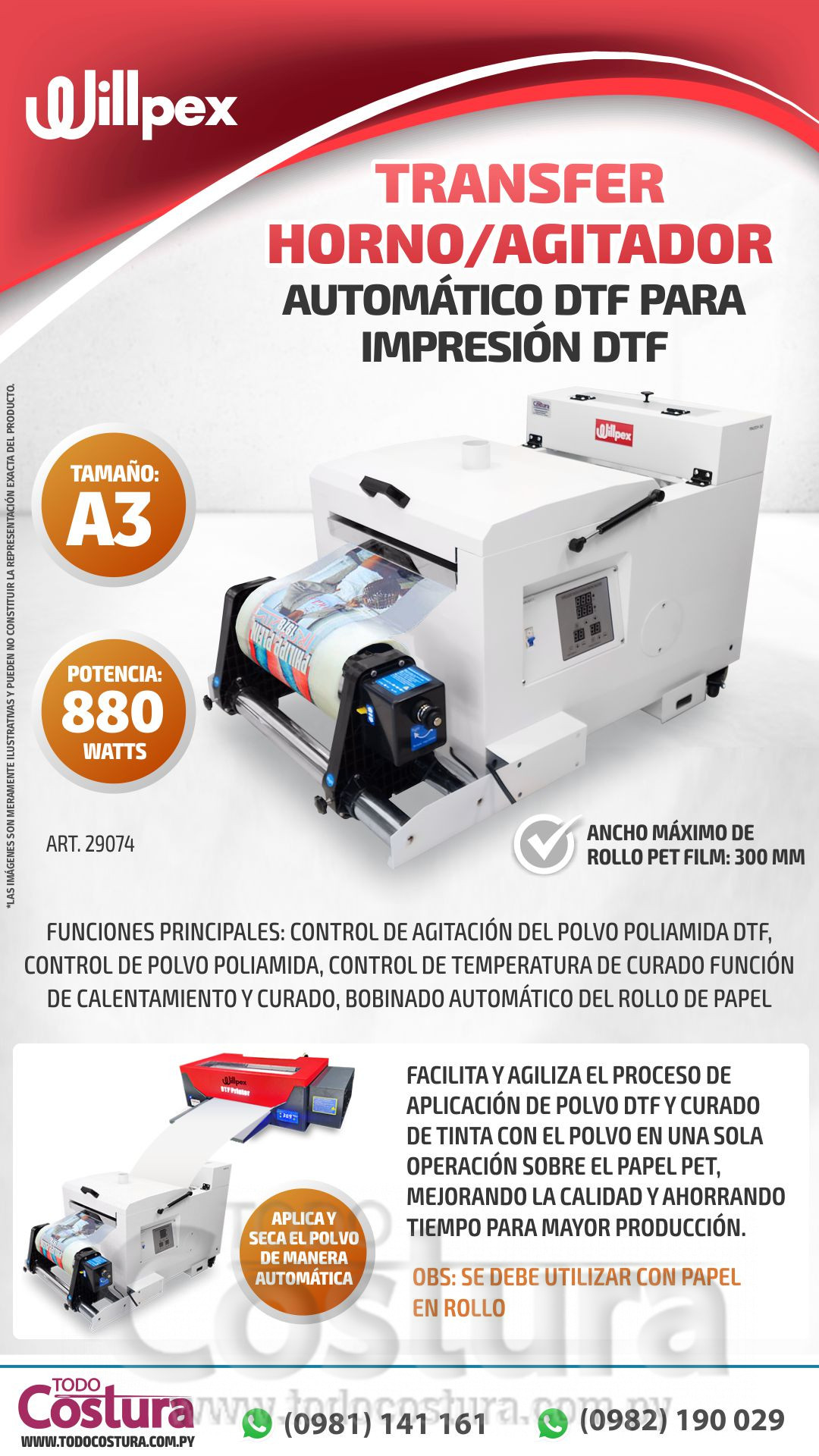 TRANSFER HORNO/AGITADOR AUTOMATICO DTF (30 CM) WILLPEX PARA IMPRESION DTF